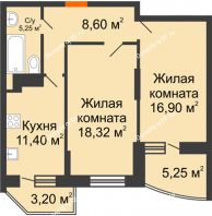 2 комнатная квартира 64,05 м² в ЖК Россинский парк, дом Литер 1 - планировка