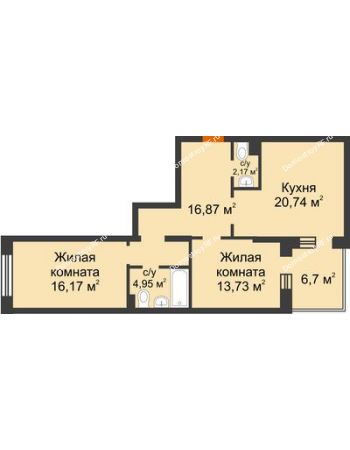 2 комнатная квартира 77,98 м² в ЖК Новоостровский, дом № 2 корпус 1