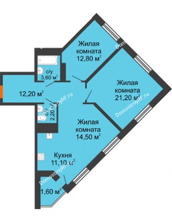 3 комнатная квартира 79,2 м² в ЖК Новая Панорама, дом № 1