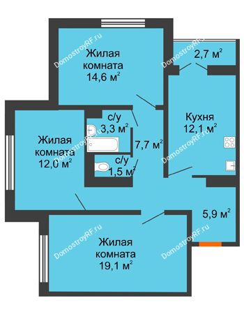 3 комнатная квартира 77,6 м² в ЖК По ул. Космонавтов, 23в, дом Позиция 2