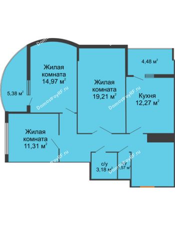 3 комнатная квартира 81,02 м² в ЖК Высота, дом 3 позиция