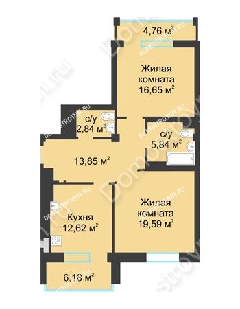 2 комнатная квартира 76,87 м² в ЖК Воскресенская слобода, дом №1
