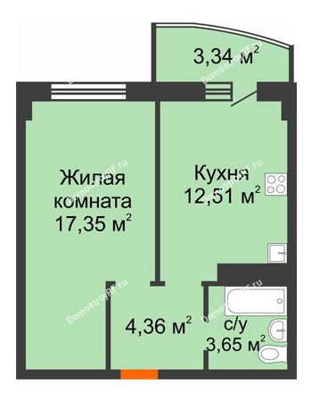 1 комнатная квартира 41,21 м² в ЖК Нива, дом №37