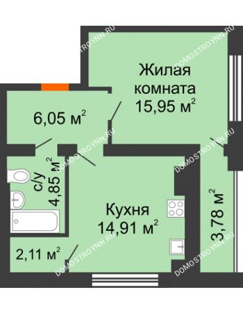 1 комнатная квартира 45,76 м² - Клубный дом На Коммунистической