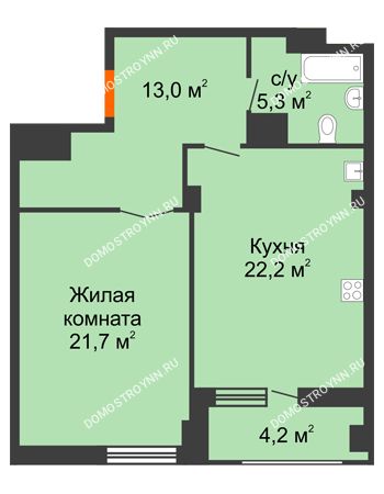 1 комнатная квартира 64,3 м² в ЖК Квартет, дом № 3