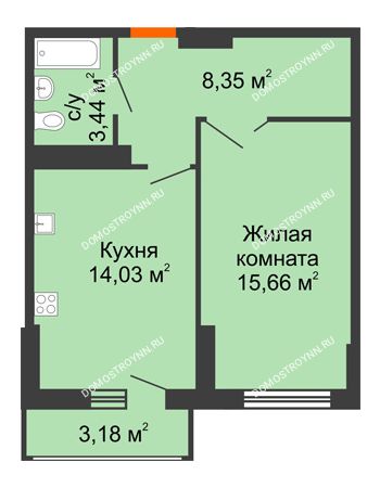 1 комнатная квартира 43,07 м² - ЖК Орбита