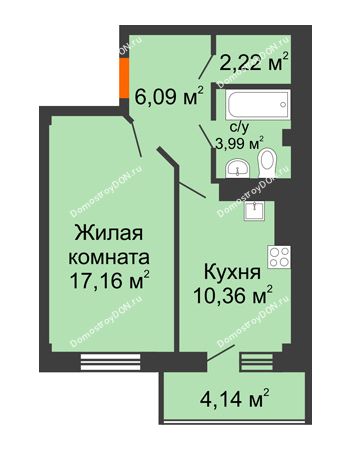 1 комнатная квартира 43,69 м² в ЖК Горизонт, дом № 2