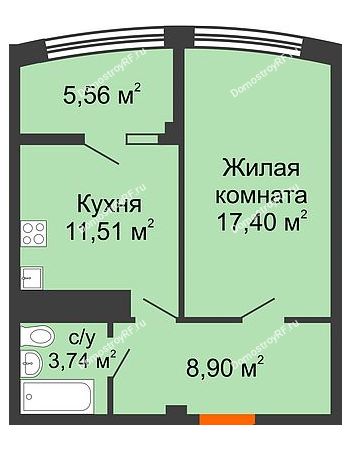 1 комнатная квартира 47,11 м² в ЖК Малахит, дом № 1