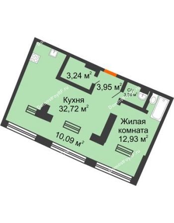 1 комнатная квартира 46,37 м² в ЖК Речной порт, дом № 1