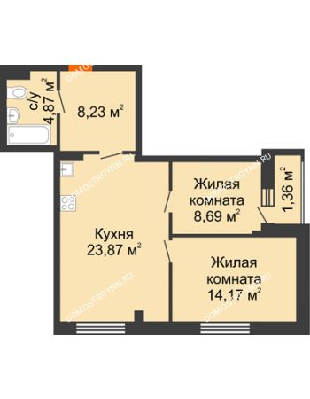 2 комнатная квартира 61,19 м² в ЖК Дом с террасами, дом № 6