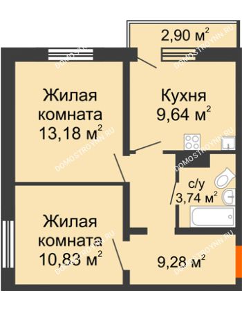 2 комнатная квартира 47,54 м² в ЖК Торпедо, дом № 14