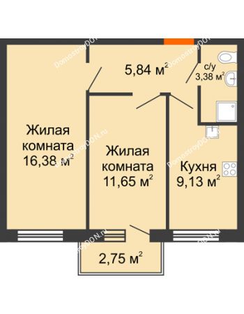 2 комнатная квартира 47,76 м² в ЖК Артемовский квартал, дом Секция 4