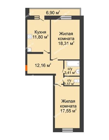 2 комнатная квартира 68,25 м² в ЖК Квартал новый, дом Секция 5