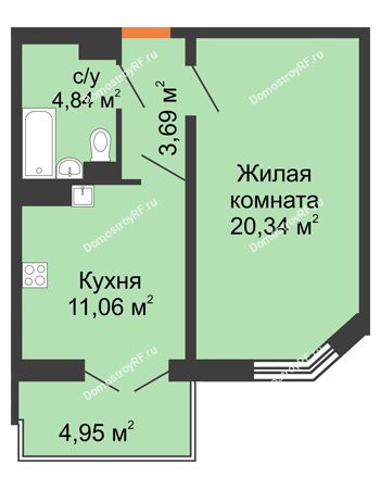 1 комнатная квартира 41,1 м² в ЖК Лазурный, дом позиция 50 (2-5 подъезд)