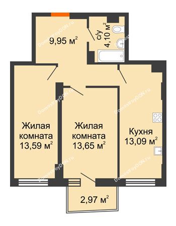 2 комнатная квартира 55,05 м² в ЖК Город у реки, дом Литер 7