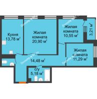 3 комнатная квартира 80,05 м² в ЖК Бунин, дом 1 этап, секции 11,12,13,14 - планировка