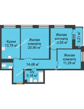 3 комнатная квартира 80,05 м² в ЖК Бунин, дом 1 этап, секции 11,12,13,14