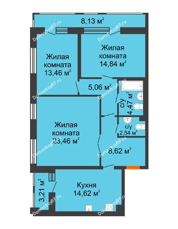 3 комнатная квартира 91,13 м² в ЖК Бунин, дом 1 этап, секции 11,12,13,14