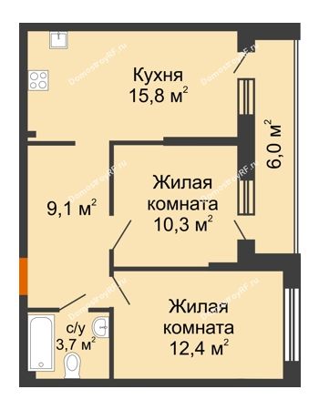 2 комнатная квартира 54,3 м² в ЖК Самолет, дом 4 очередь - Литер 22