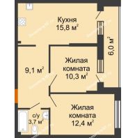 2 комнатная квартира 54,3 м² в ЖК Самолет, дом 4 очередь - Литер 22 - планировка