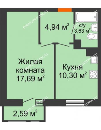 1 комнатная квартира 39,15 м² в ЖК Книги, дом № 2