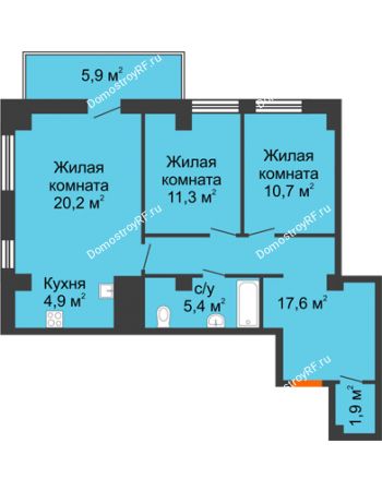 3 комнатная квартира 73,8 м² в ЖК Времена года, дом № 1