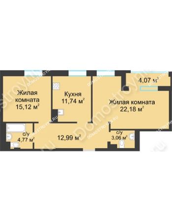 2 комнатная квартира 71,89 м² в ЖК Воскресенская слобода, дом №1