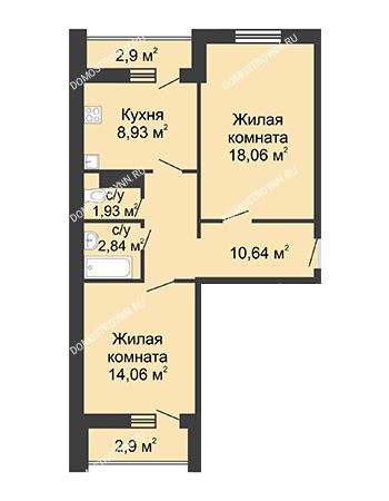 2 комнатная квартира 59,36 м² в ЖК Бурнаковский, дом № 38