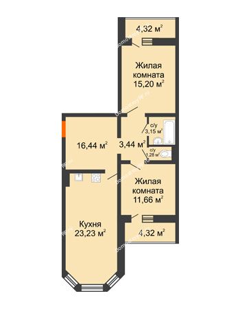 2 комнатная квартира 75,28 м² - ЖК Инстеп. Звездный