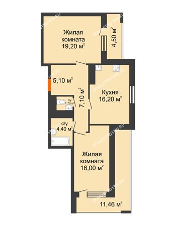 2 комнатная квартира 77,68 м² в ЖК Корица, дом № 1