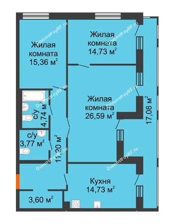 3 комнатная квартира 103,05 м² в ЖК Бунин, дом 1 этап, секции 11,12,13,14