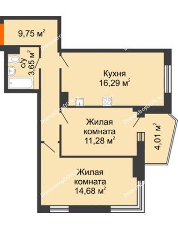 2 комнатная квартира 57,66 м² в ЖК Сердце Ростова 2, дом Литер 2