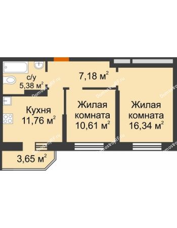 2 комнатная квартира 53,1 м² в ЖК Светлоград, дом Литер 15