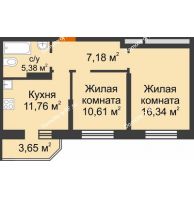 2 комнатная квартира 53,1 м² в ЖК Светлоград, дом Литер 15 - планировка