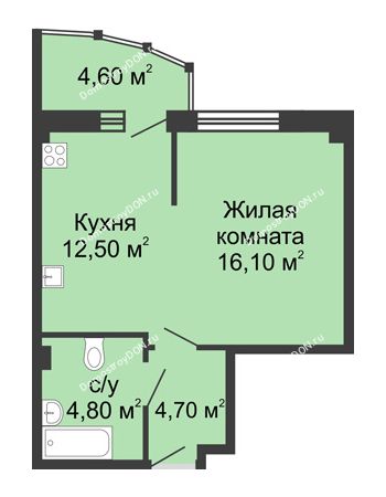 1 комнатная квартира 42,7 м² в ЖК Мега, дом № 118, секция 2