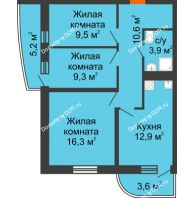 3 комнатная квартира 66,5 м² в ЖК Звезда Столицы, дом Литер 8 - планировка