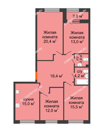 4 комнатная квартира 103,3 м² в ЖК Цветы 2, дом № 7
