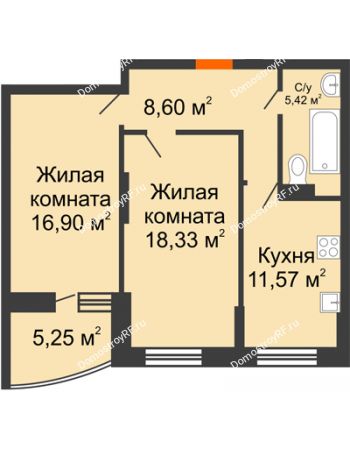 2 комнатная квартира 63,44 м² в ЖК Россинский парк, дом Литер 1