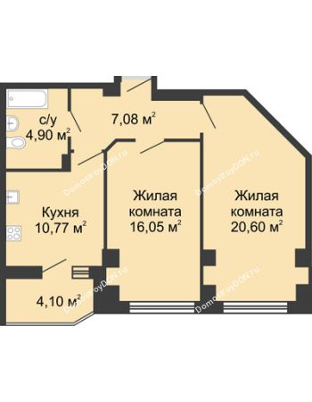 2 комнатная квартира 61,45 м² в ЖК Мега, дом № 116, секция 1