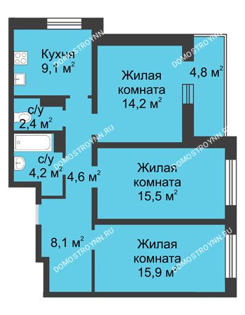 3 комнатная квартира 76,4 м² в ЖК Аквамарин, дом №8
