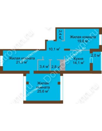 3 комнатная квартира 101,2 м² в ЖК Монолит, дом № 89, корп. 1, 2