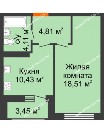1 комнатная квартира 41,31 м² в ЖК Подкова на Гагарина, дом № 2