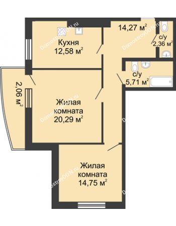 2 комнатная квартира 75 м² в ЖК Тихий Дон, дом № 3
