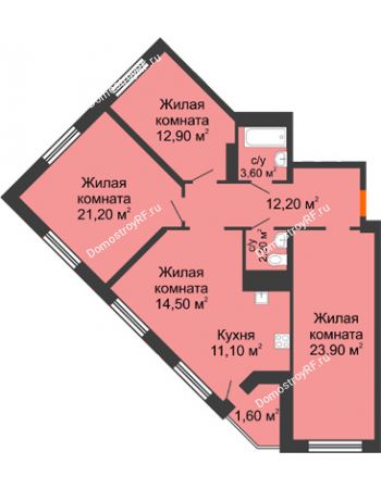 4 комнатная квартира 103,2 м² в ЖК Новая Панорама, дом № 1