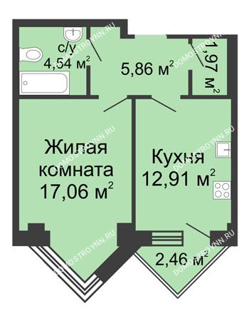 1 комнатная квартира 43,57 м² - ЖК С видом на Небо!