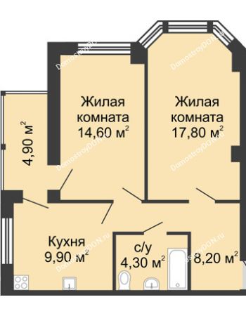 2 комнатная квартира 59,7 м² в ЖК Мега, дом № 118, секция 2