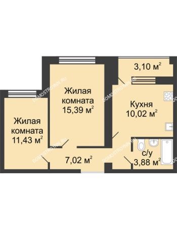 2 комнатная квартира 49,29 м² в ЖК Удачный, дом № 4