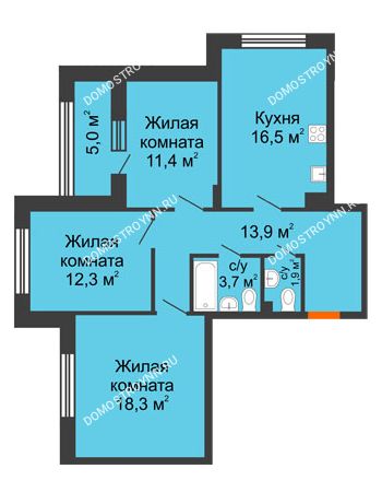 3 комнатная квартира 80,5 м² в ЖК Цветы 2, дом № 7
