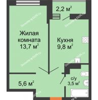 1 комнатная квартира 33,7 м² в ЖК SkyPark (Скайпарк), дом Литер 1, корпус 2 - планировка