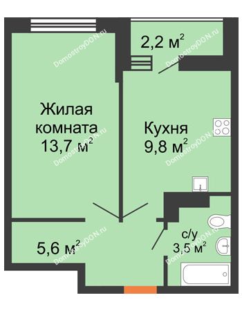 1 комнатная квартира 33,7 м² в ЖК SkyPark (Скайпарк), дом Литер 1, корпус 2, 1 этап